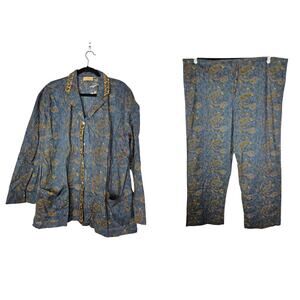 NEW Pomegranates L Blue Paisley Cotton Indian Pajama Set Boho Lounge 2 Piece